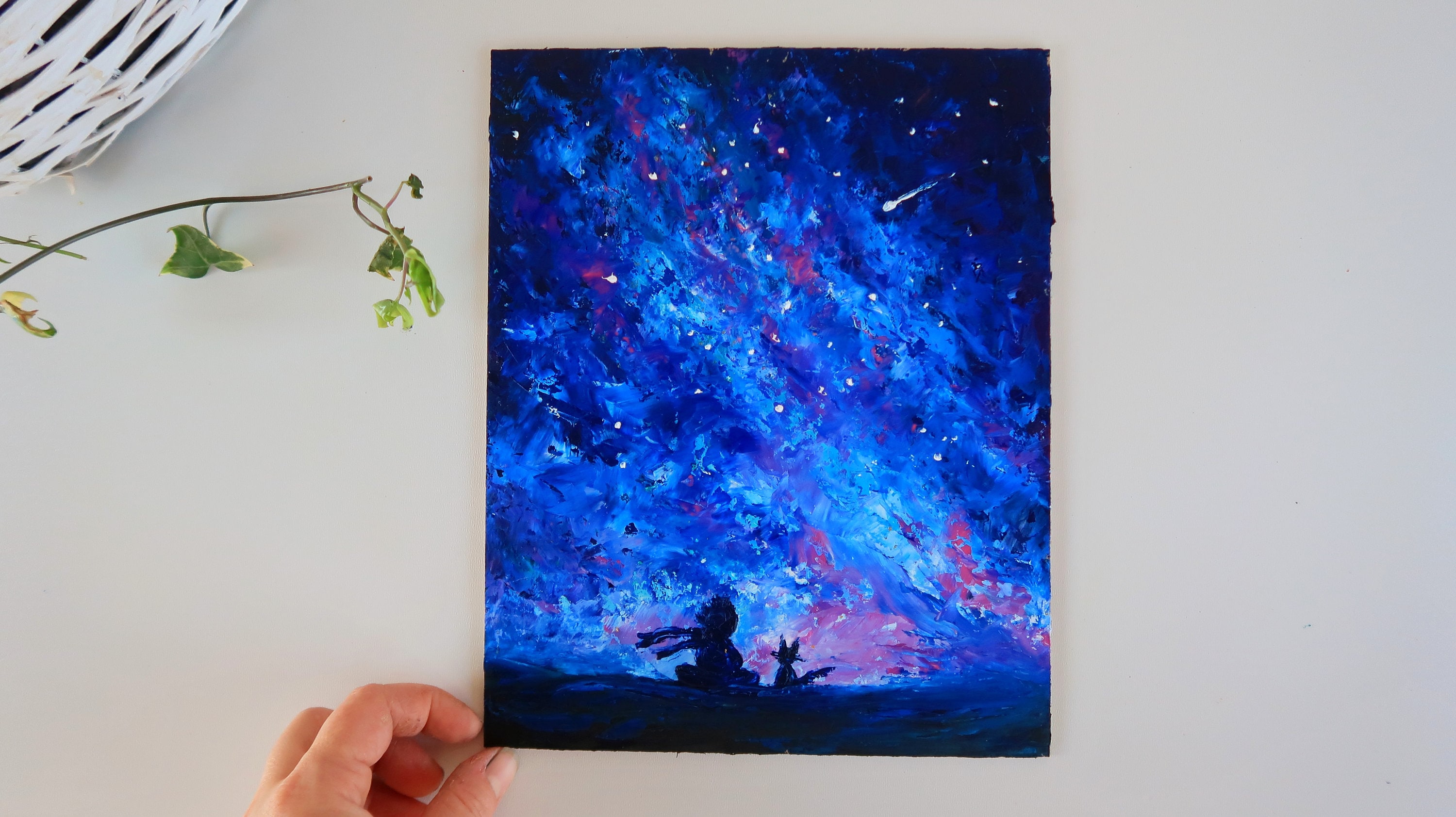青と黒の宇宙の油彩画27cm25cm 星の王子さまの絵画 天の川 オリジナルアート 銀河油絵 銀河壁アート