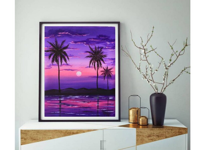 Hawaii Painting Seascape Original Art Palm Trees National Park Sunset Acrylic Painting Ocean Art by Julia Datta