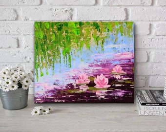 Monet Pond Painting Canvas Water Lily Square  Abstract Landscape Modern Above sofa  Original Acrylic Canvas Art 8 by 10 by Julia Datta