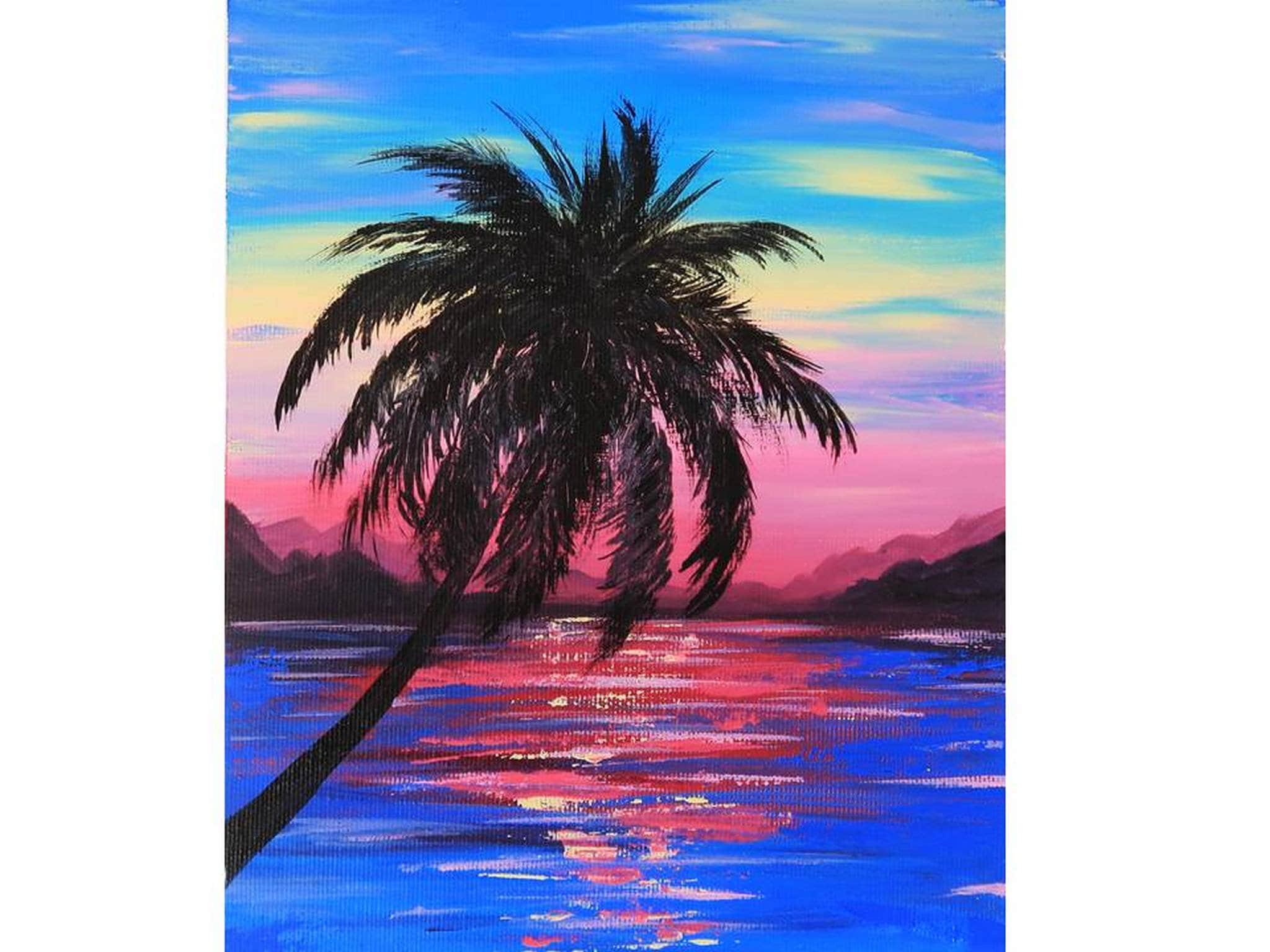 キャンバスに描かれた夕日のアクリル画、ヤシの木、オリジナルアート