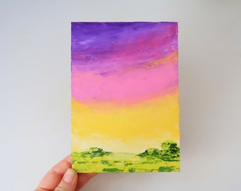トスカーナの絵画 夕焼け ラベンダー アート イタリア 風景 オリジナル ウォール アート インパスト 油絵 7 x 5 インチ ジュリア ダッタ作