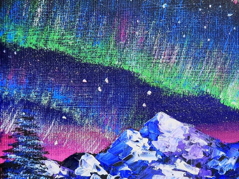 オーロラ オリジナルアートワーク 雄大な山々 湖 空 アート風景