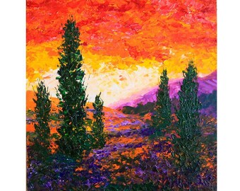 トスカーナの絵画 夕焼け ラベンダー アート イタリアの風景 オリジナル ウォール アート インパスト 油絵 10 x 10 インチ ジュリア ダッタ作