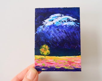 トスカーナの絵画 ACEO インパスト ラベンダー アート イタリアの風景 オリジナル ウォール アート インパスト 油絵 2.5 x 3.5 インチ ジュリア ダッタ作