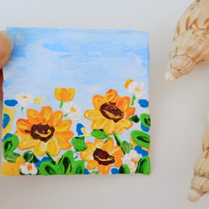 Sunflower Painting Floral Original Art Small Painting Impasto Above Bed Art 3 by 3&quot; by Julia Datta