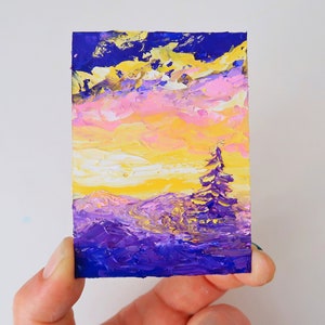 Pintura de árbol de Vermont Obra de arte original de ACEO Arte de pino y cerezo Arte de Nueva Inglaterra Pintura al óleo sobre cama Arte de 2,5 por 3,5 por Julia Datta