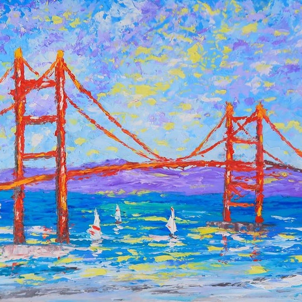 Golden Gate Bridge San Francisco Original Pintura al Óleo Paisaje Pequeño Cuadro Impasto Seascape California Bay 11 por 14 Pulgadas por Julia Datta
