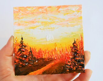 Road Painting Pine Trees Artwork Impasto Art Original Wall Art Small Painting by 4 by 4 in by Julia Datta