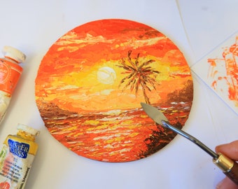 ハワイ絵画 ラウンド トロピカル ビーチ オリジナルアート 海景