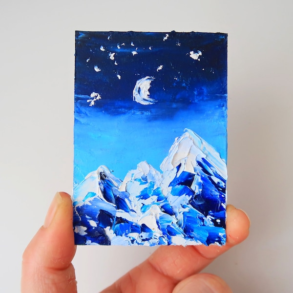 Mountain Landscape ACEO Painting Impasto Oil Original Art Moon Artwork Small Painting Wall Art  2.5 by 3.5 in by Julia Datta