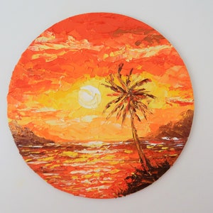 Hawaii Painting Tropical Beach Original Art Seascape Impasto Oil Painting Hawaiian Artwork Round Art 6 in by Julia Datta