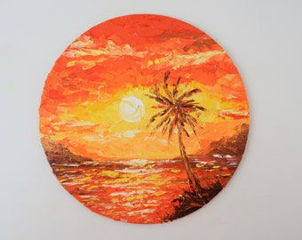 ハワイ絵画 トロピカルビーチ オリジナルアート 海景 インパスト 油絵 ハワイアンアートワーク ラウンドアート 6インチ ジュリア・ダッタ作