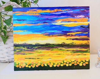Sunflowers Painting Texas Original Art Sunflowers Fields Small Painting Landscape Impasto Oil Painting  Above Bed Art by by Julia Datta
