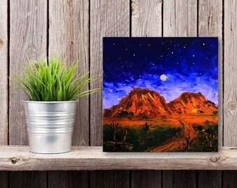 Saguaro Painting Original Artwork Arizona Landscape Impasto Oil Painting Mountain Southwest Landscape Above Bed Art 12 by 12" by Julia Datta