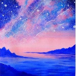 May include: A painting of a pink and blue sky with white stars and clouds over a dark blue body of water and mountains in the distance.