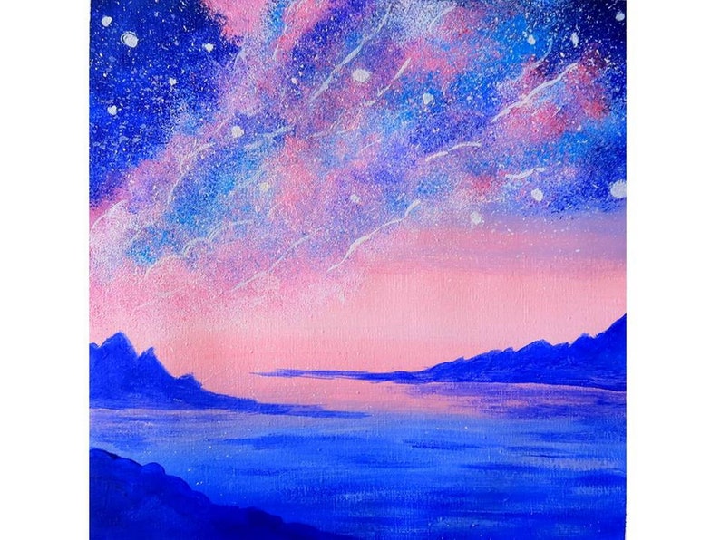 May include: A painting of a pink and blue sky with white stars and clouds over a dark blue body of water and mountains in the distance.