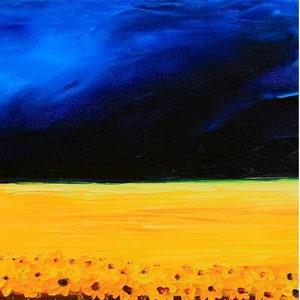 Digital file  Ukrainian artist Ukrainian landscape Yellow and blue Sunflowers Painting Digital download JPG file Instant download