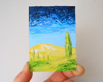 トスカーナの絵画 ACEO インパスト ラベンダー アート イタリアの風景 オリジナル ウォール アート インパスト 油絵 2.5 x 3.5 インチ ジュリア ダッタ作