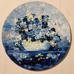 No me olvides Cuadro redondo floral original Arte de flores Pequeña pintura Impasto 4" de Julia Datta
