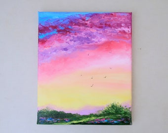 Sunset Oil Painting on Canvas Original Art Abstract Art Clouds Art Modern Art  Field Art Living Room Wall Art Small Painting