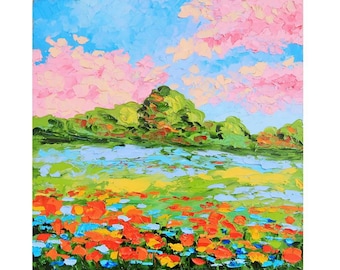 California Poppy Painting Floral Original Art Landscape Oil Painting Impasto Small Artwork Above Bed Art 10 by 10" by Julia Datta