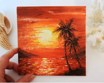 Pintura acrílica al atardecer sobre lienzo, arte original, arte abstracto, arte oceánico, arte moderno, nubes, arte marino, arte de pared de la sala de estar, pintura pequeña