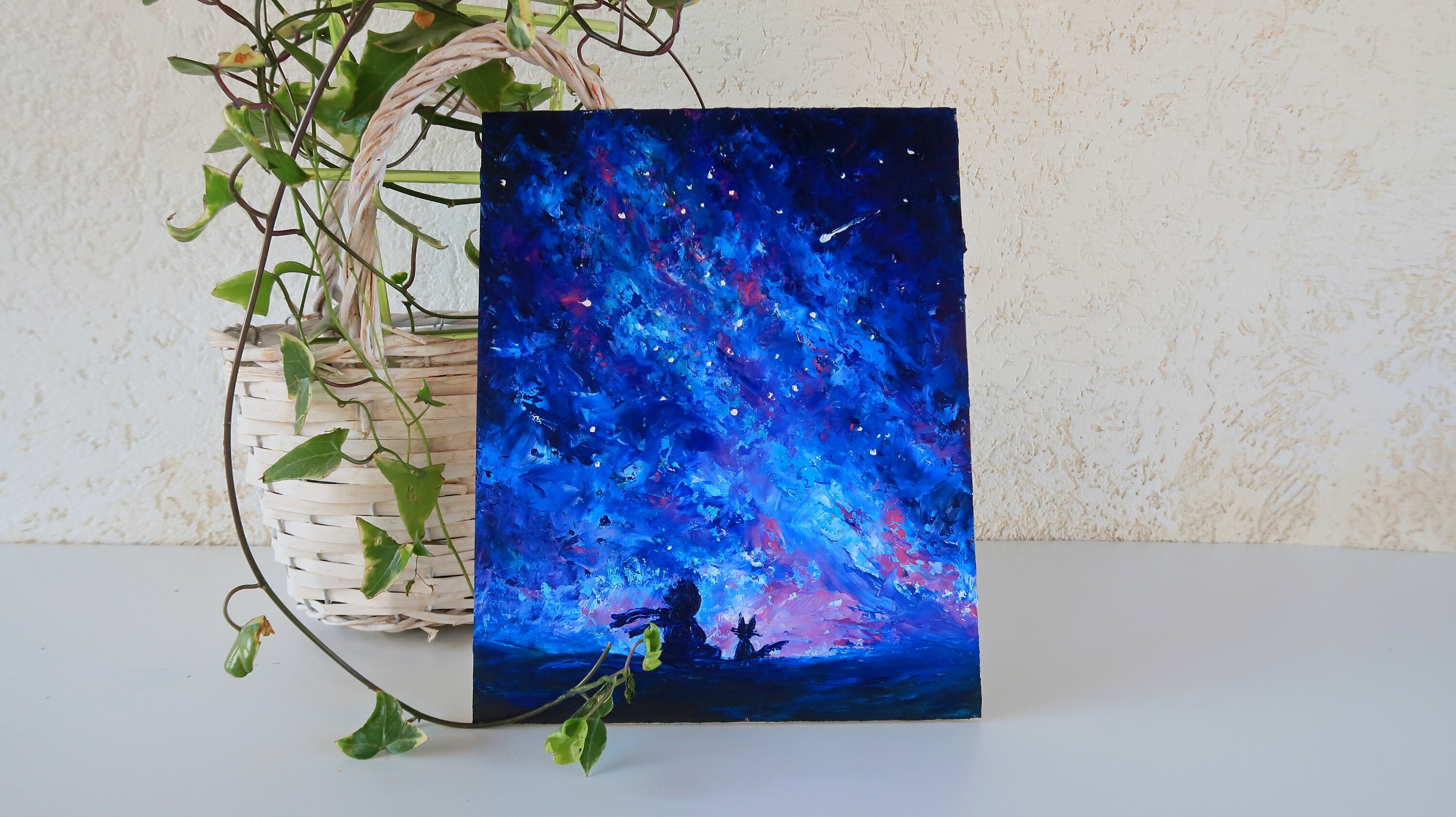 星の王子さまの絵画 天の川 オリジナルアート 銀河油絵 銀河壁アート