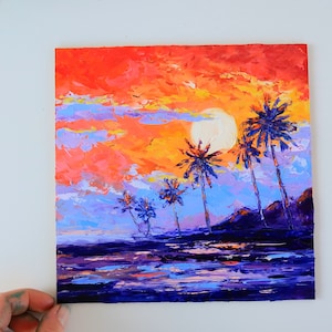 Sunset Oil Painting Original Art Hawaii Painting Tropical Beach Art Seascape Impasto Oil Painting Clouds Sea Art Living Room Wall Art