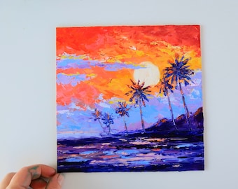 Sunset Pintura al óleo Arte original Hawaii Pintura Tropical Playa Arte marino Impasto Pintura al óleo Nubes Arte marino Sala de estar Arte mural