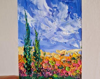 トスカーナの絵画 ACEO インパスト ラベンダー アート イタリアの風景 オリジナル ウォール アート インパスト 油絵 2.5 x 3.5 インチ ジュリア ダッタ作