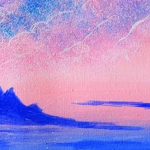 May include: A painting of a pink and blue sunset over a dark blue mountain range. The sky is filled with white clouds and the water is a light blue.