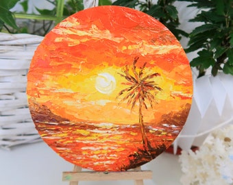 Pintura hawaiana redonda con playa tropical, arte original, paisaje marino, pintura al óleo sobre lienzo, obra de arte hawaiana, arte redondo de 6 pulgadas de Julia Datta