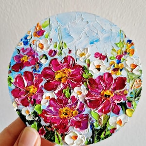 Pintura de rosa rosa Pintura redonda Floral Arte original Flor Pequeña Pintura Impasto 4" de Julia Datta