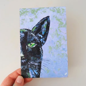 Chat noir Peinture Art Original Animal Mural Art Pet Portrait Petite huile Empâtment Peinture Cadeaux Pet Portrait 6 par 4 » par Julia Datta