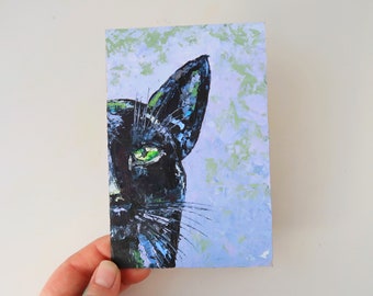 Black Cat Painting Original Art Animal Wall Art Pet Portrait Small Oil Impasto Painting Gifts Pet Portrait 6 by 4" by Julia Datta