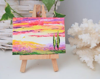 トスカーナの絵画 ACEO インパスト ラベンダー アート イタリアの風景 オリジナル ウォール アート インパスト 油絵 2.5 x 3.5 インチ ジュリア ダッタ作