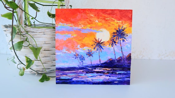 Sunset Original Painting on Canvas Hawaii Beach Art Hawaiian Seascape Oahu Wall Art Tropical Impasto Oil Painting by 8 by 8 by Julia Datta