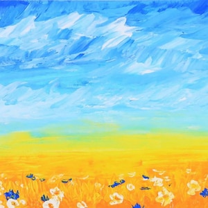 Digital file  Ukrainian artist Ukrainian landscape Yellow and blue Sunflowers Painting Digital download JPG file Instant download