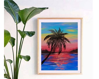 キャンバスに描かれた夕日のアクリル画、ヤシの木、オリジナルアート