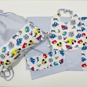 Custom kindergarten set with embroidered name Mickey Mouse light blue