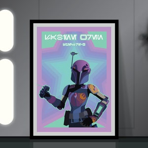 May include: A retro-style poster featuring a female Mandalorian character in purple and blue armour with a blaster rifle. The poster has a pink, blue, and green colour scheme with the text "The Mandalorian" and "Chapter 7-5" in a futuristic font.