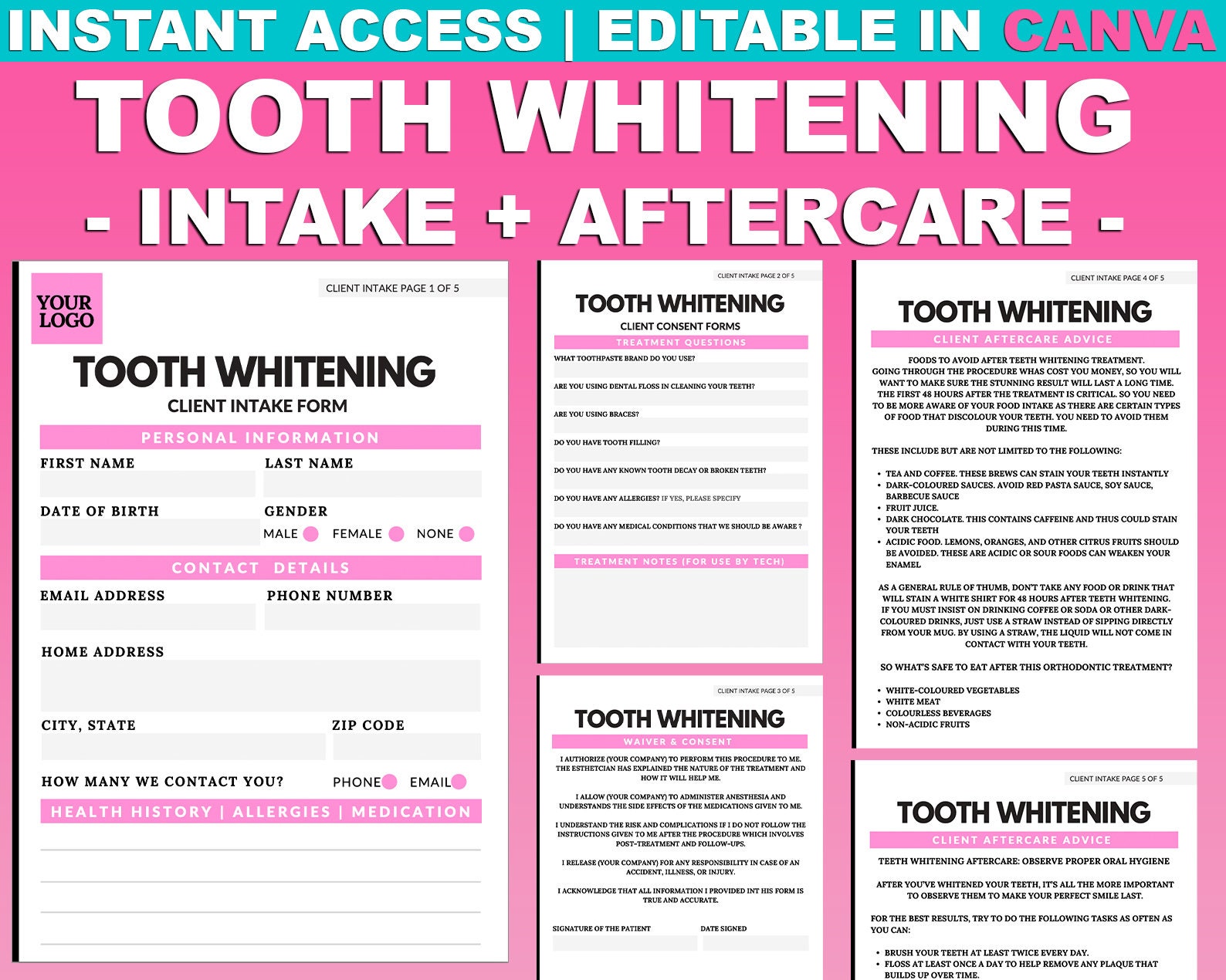 Tooth Whitening Intake Forms Editable Printable Custom Etsy