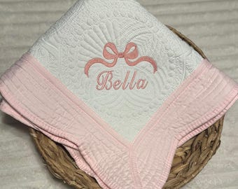 Personalized Baby Girl Quilt Blanket, Options to embroider- Monogram with Bow, Name with Bow, or just Babies name