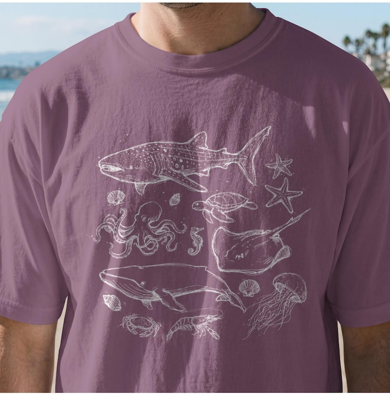 Ocean Creatures Sketch Comfort Color T-shirt | Sharks, Whales, Rays ...