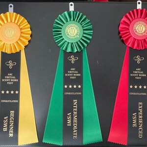 May include: Three black and gold ribbons with the text "AKC Virtual Scent Work Test" and the words "Beginner", "Intermediate", and "Experienced" printed on them.