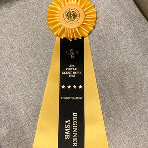 May include: A gold ribbon with a black stripe down the center. The ribbon has the text "AKC Virtual Scent Work Test" and "Congratulations Beginner VSWB". The ribbon is tied with a gold rosette with the text "American Kennel Club" in the center.