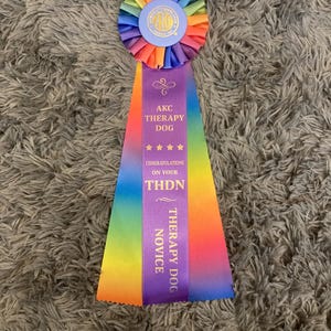 May include: A colorful award ribbon with a rosette and streamers. The rosette is a circular design with a blue center and rainbow-colored edges. The streamers are purple, orange, yellow, and green, with text that reads "AKC Therapy Dog".