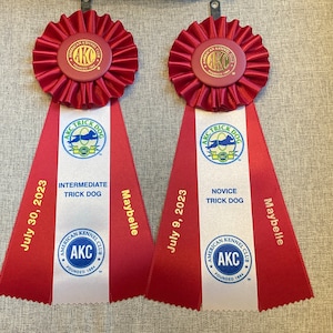 Personalized AKC Trick Dog Rosette Title Ribbon - Novice, Intermediate, Advanced, Performer, Elite (Rosette Center Varies, see item desc.)