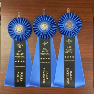 AKC Virtual Rally Title Ribbon Rosette - Novice, Intermediate, Advanced, Excellent (Rosette Center Style Varies, see item description)