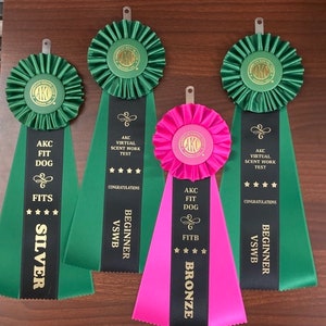 May include: Three green and one pink ribbons with black stripes and gold lettering. The ribbons say "AKC Fit Dog" and "AKC Virtual Scent Work Test". The ribbons also have the words "Fits", "Silver", "Fitb", "Bronze", "Beginner VSWB", and "Congratulations".